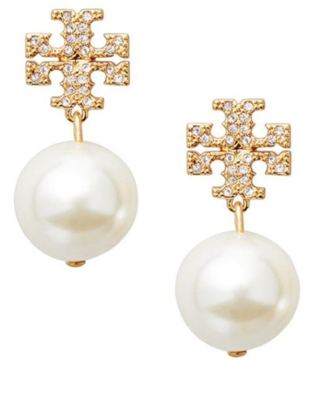 Tory Burch gold pavé logo drop & dangle pearl earrings